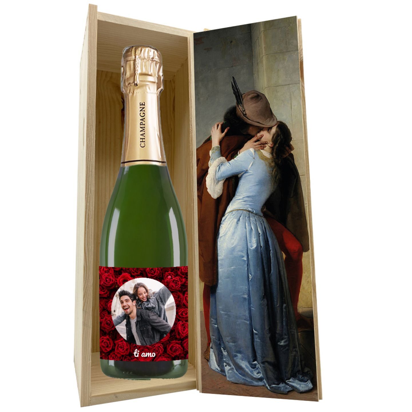 Champagne Brut - Bottiglia personalizzata per San Valentino con cassetta in legno - 1