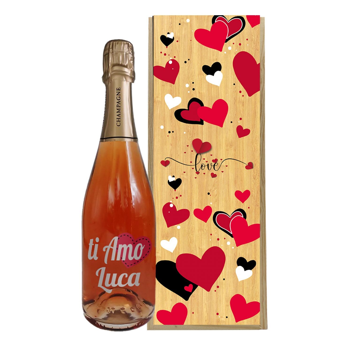 Champagne Rosé personalizzata con cassetta in legno - idea regalo per San Valentino o Regalo Anniversario - 1
