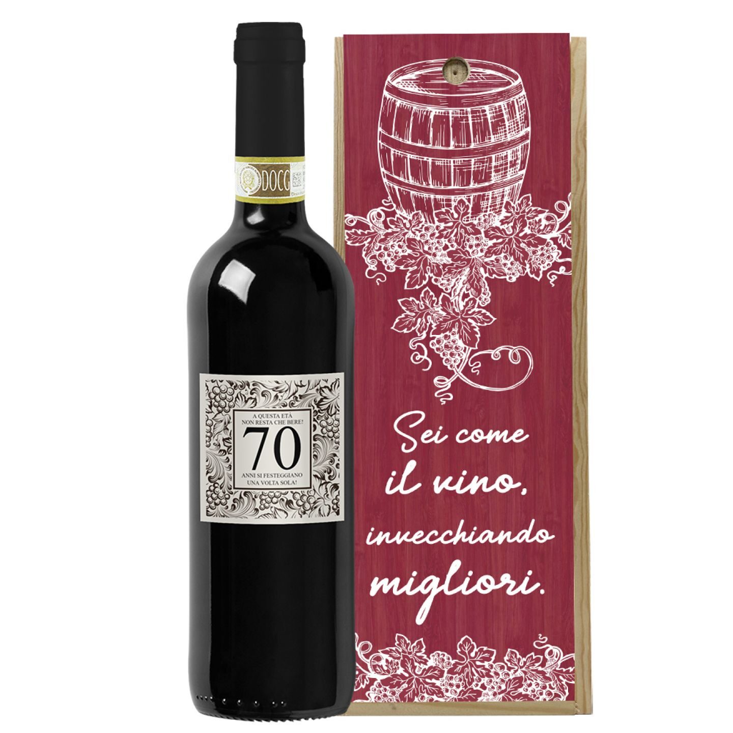 Bottiglia personalizzata con cassetta in legno - idea regalo compleanno 70 anni - 1