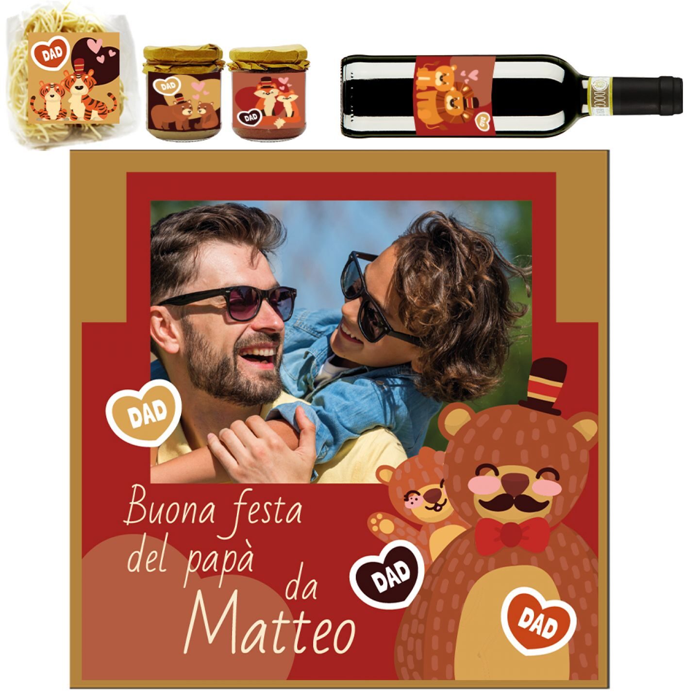 Dad Dinner Box - Chianti DOCG, Pasta, Cacio e Pepe e Crostino Toscano con scatola personalizzata per FESTA DEL PAPA' - ANIMALS - 1