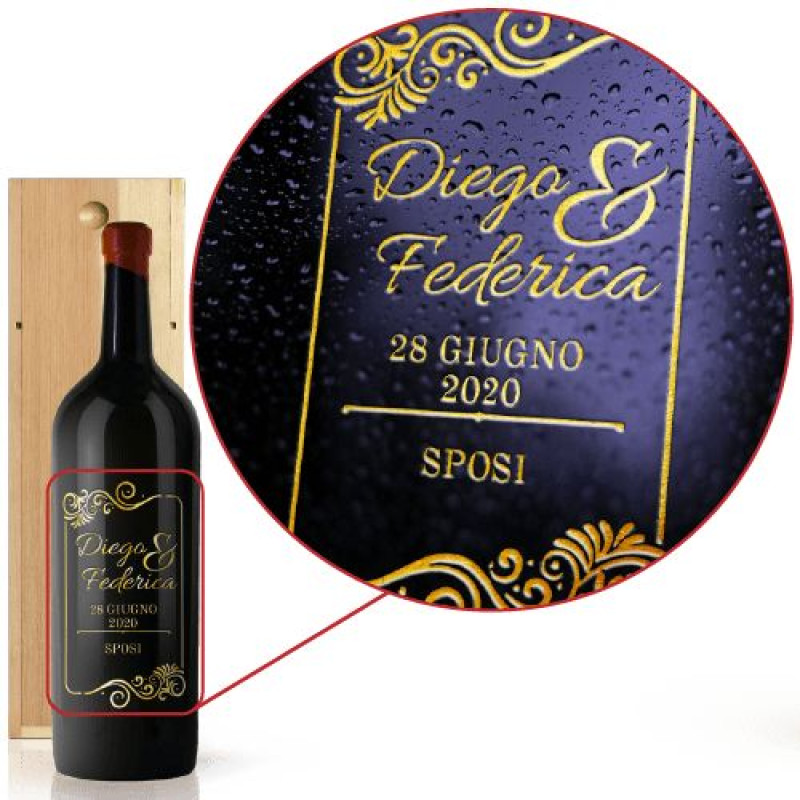 Chianti Classico 3L con incisione su vetro e cassa legno – idea regalo per matrimonio