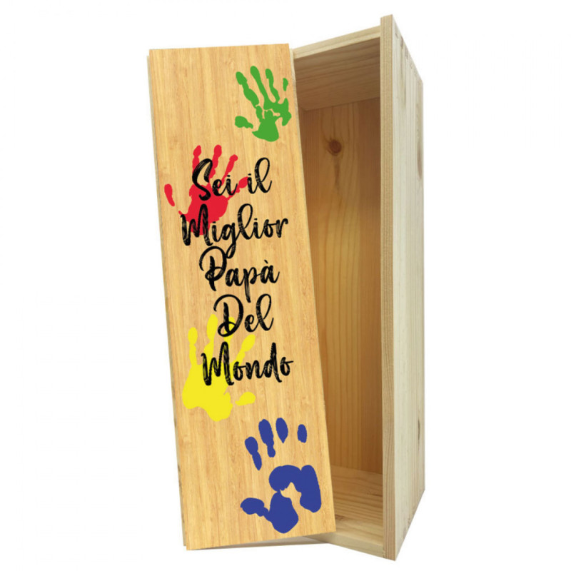 Scatola in legno 1 bottiglia 0,75 L - Adesivo Mani Bambino per papà