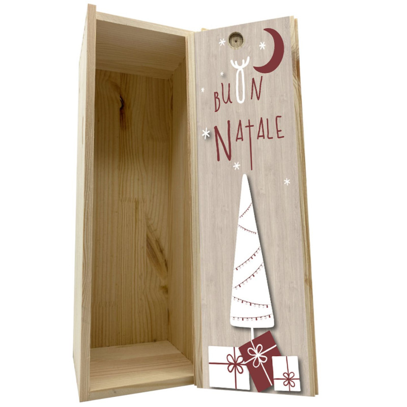 Scatola in legno 1 bottiglia 0,75 L - Buon Natale, albero e regali