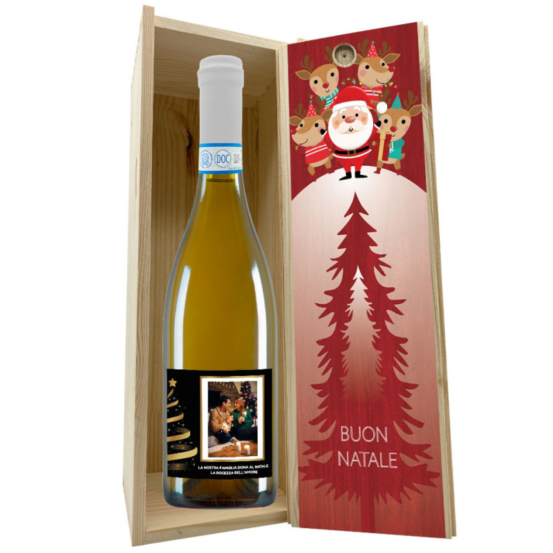 Bottiglia di vino bianco con cassetta in legno - idea regalo per Natale