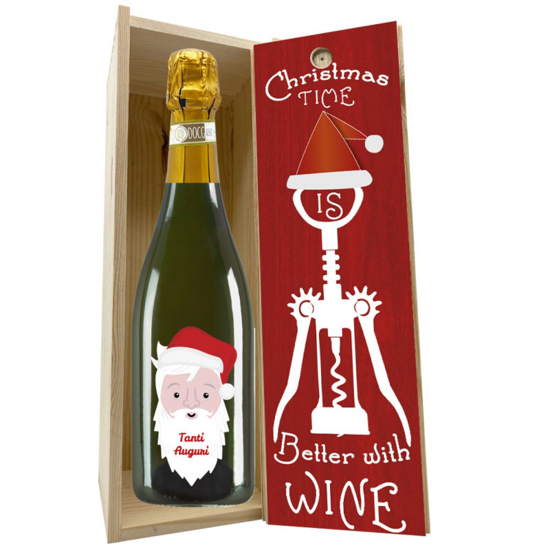 Spumante Dolce - Bottiglia per auguri di Natale con cassetta in legno