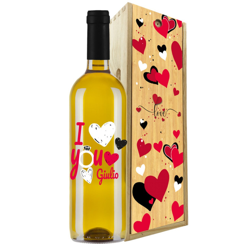 Bottiglia personalizzata e cassetta in legno per San Valentino