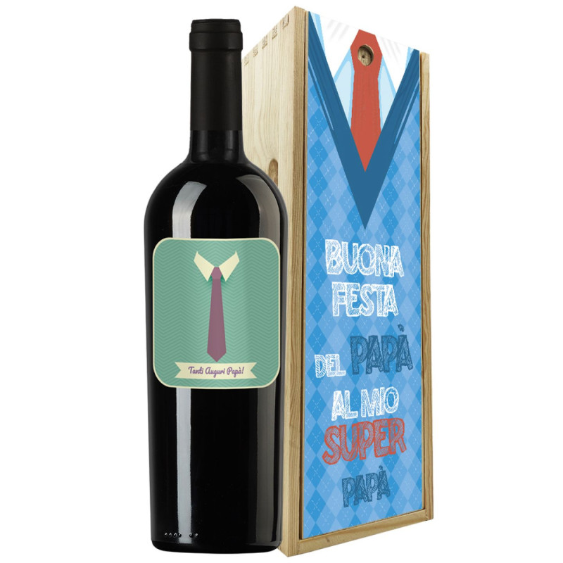 Vino rosso e cassetta in legno per la festa del papà