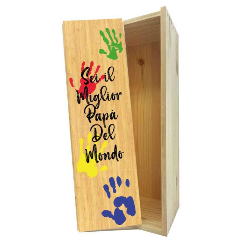 Scatola in legno 1 bottiglia MAGNUM 1,5 L - Adesivo Mani Bambino per papà