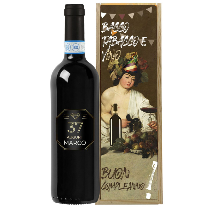 Bottiglia personalizzata e cassetta in legno per regalo di compleanno