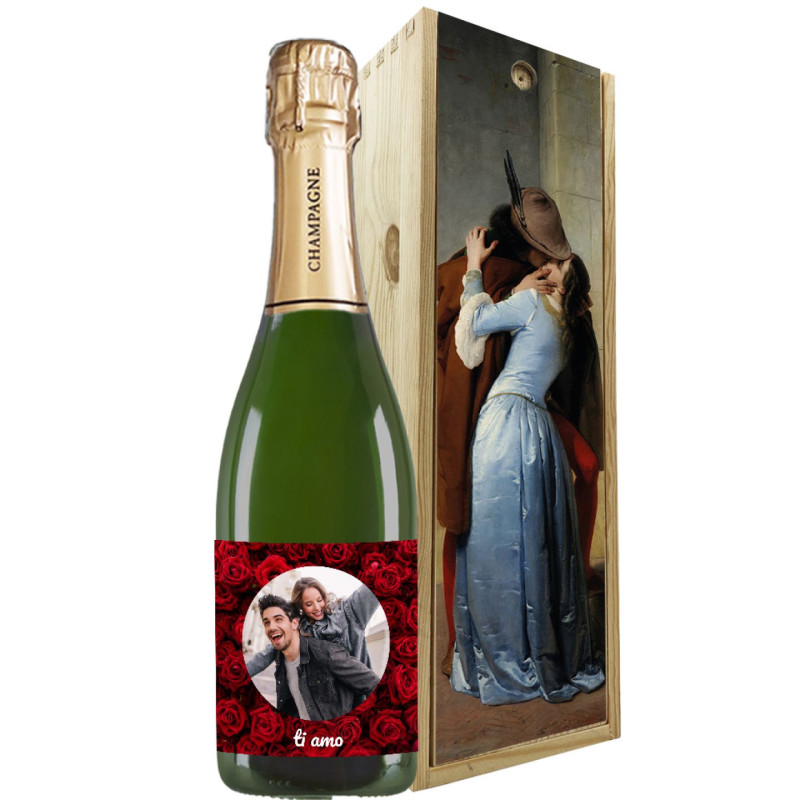 Champagne Brut - Bottiglia personalizzata per San Valentino con cassetta in legno