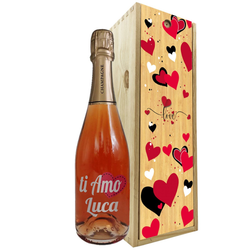 Champagne Rosé personalizzata con cassetta in legno - idea regalo per San Valentino o Regalo Anniversario