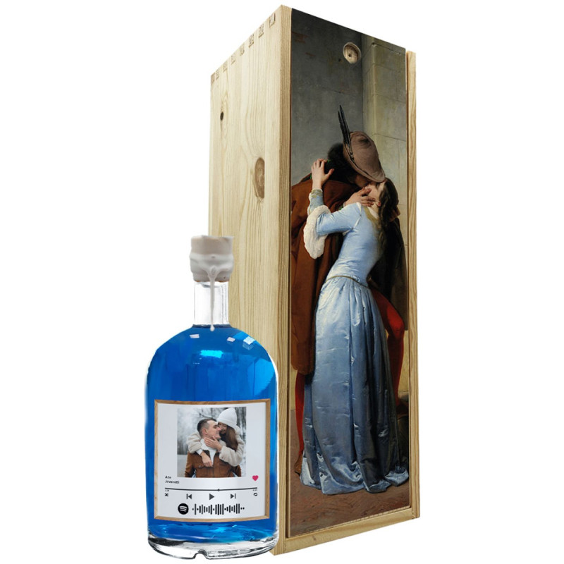 Blue Dry Gin personalizzato con cassetta regalo- Idea Regalo foto e dedica Anniversario o San Valentino
