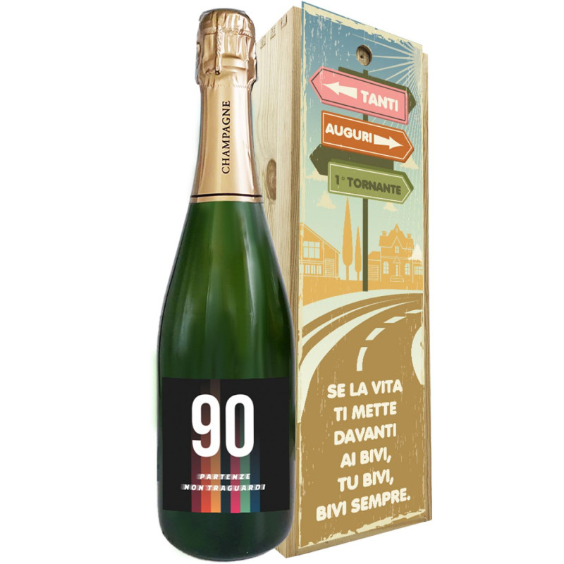 Champagne personalizzato con cassetta in legno idea regalo compleanno 90 anni