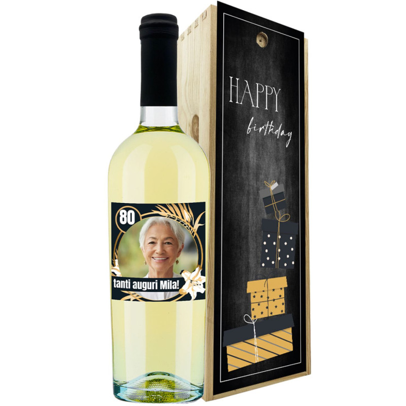 Chardonnay - Bottiglia e cassetta in legno personalizzata con foto- idea regalo 80 anni