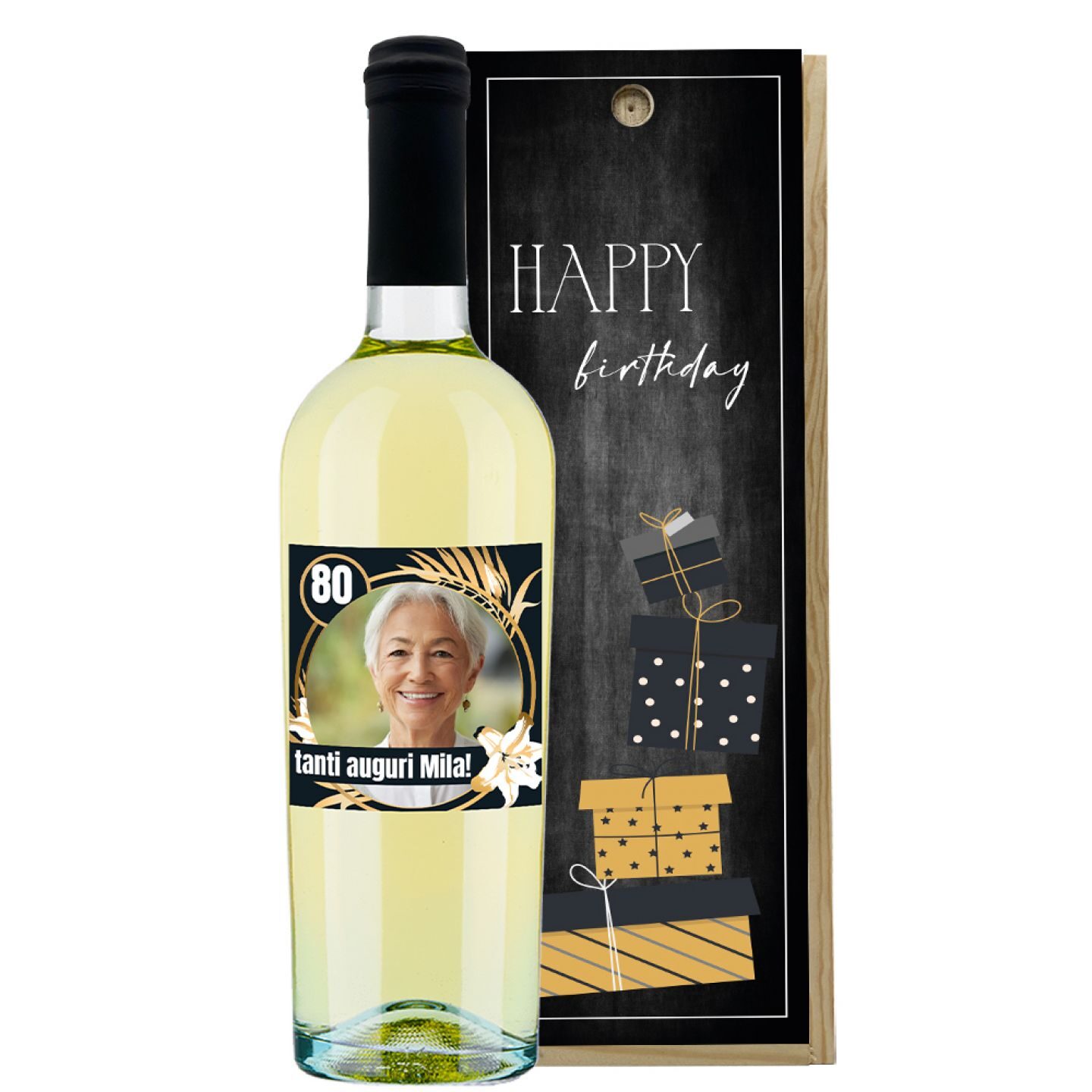 Chardonnay - Bottiglia e cassetta in legno personalizzata con foto- idea regalo 80 anni - 1