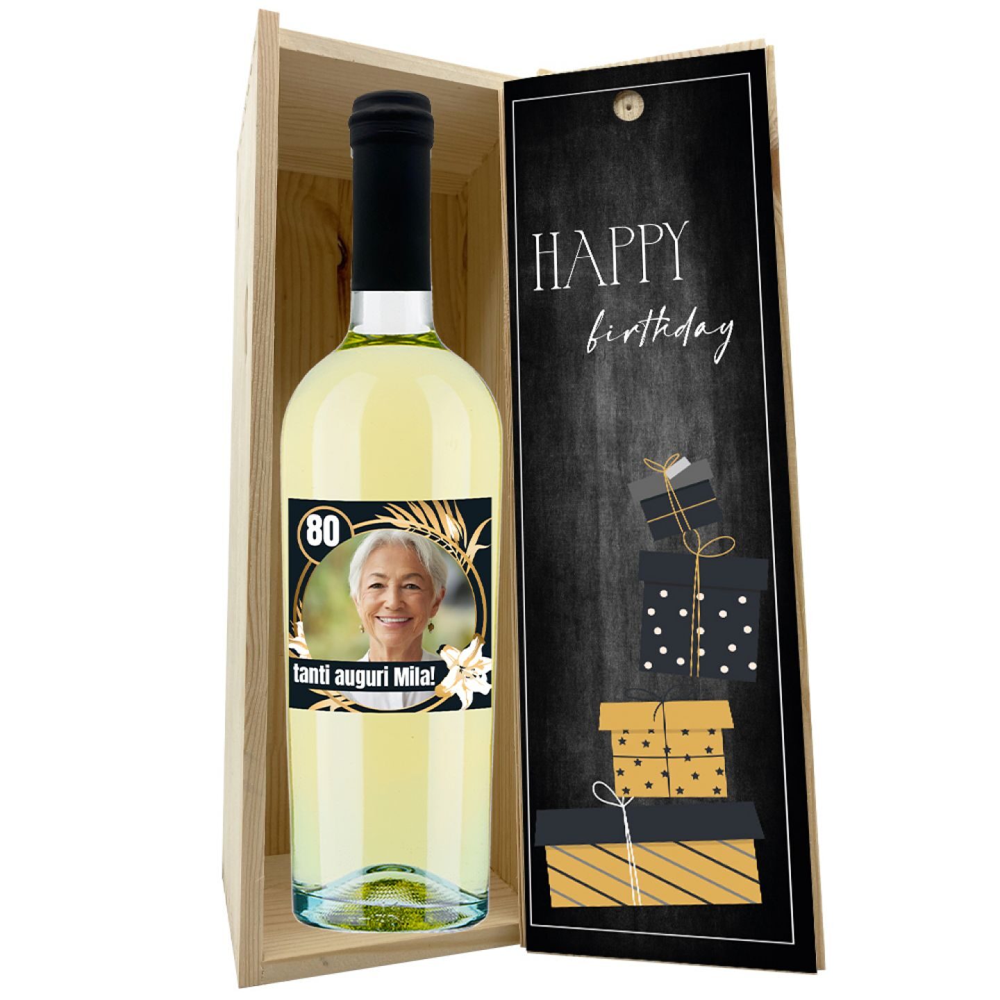 Chardonnay - Bottiglia e cassetta in legno personalizzata con foto- idea regalo 80 anni - 4