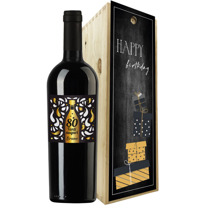 Bottiglia personalizzata e cassetta in legno - idea regalo 80 anni