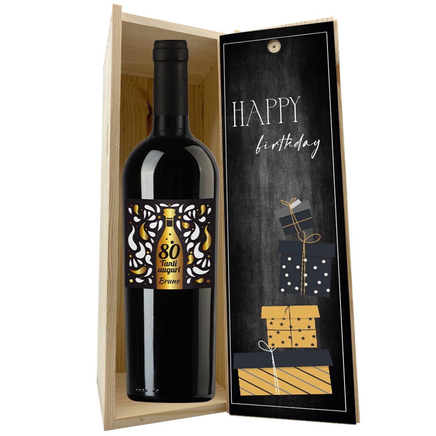 Bottiglia personalizzata e cassetta in legno - idea regalo 80 anni - 3