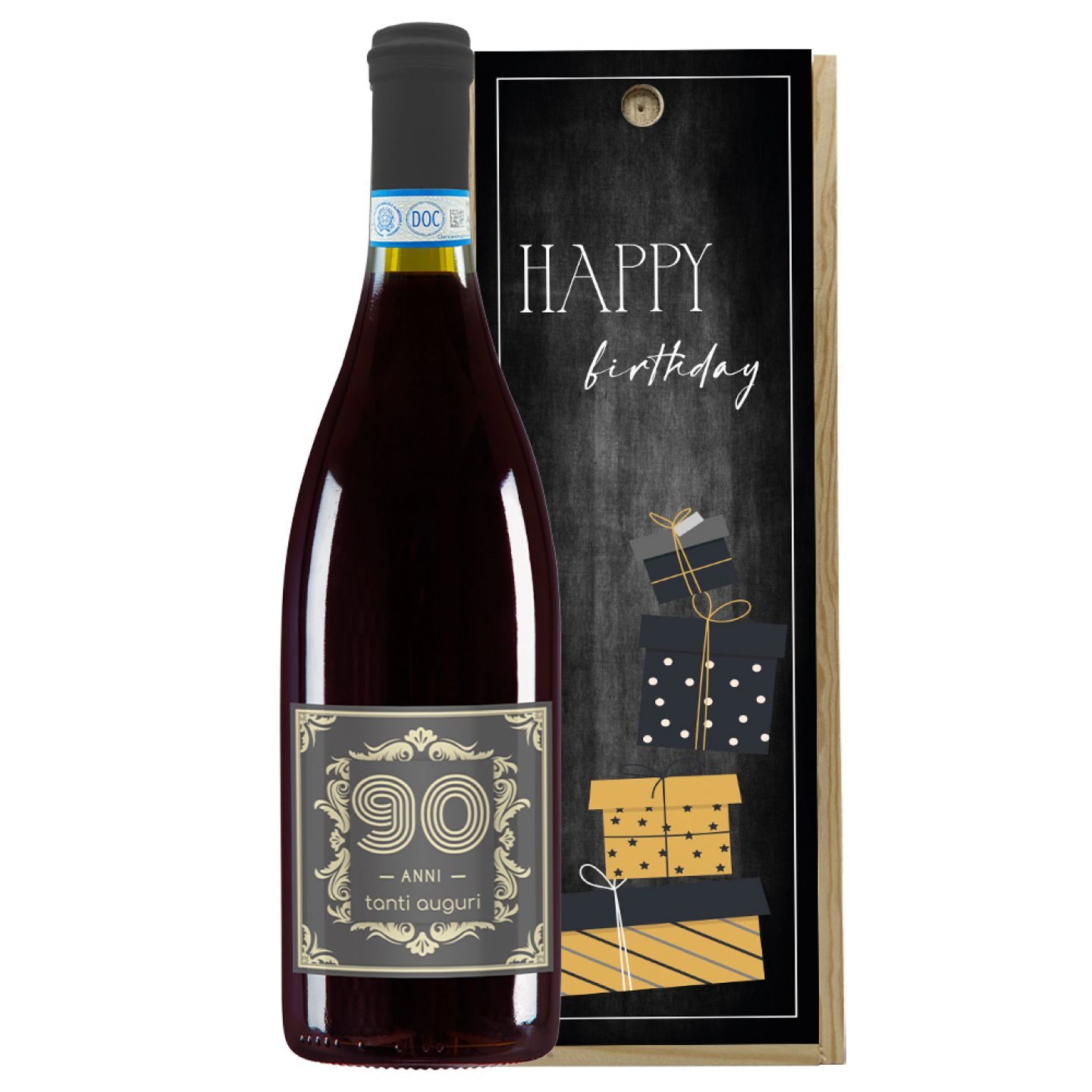 Bottiglia personalizzata e cassetta in legno - idea regalo 90 anni - 1