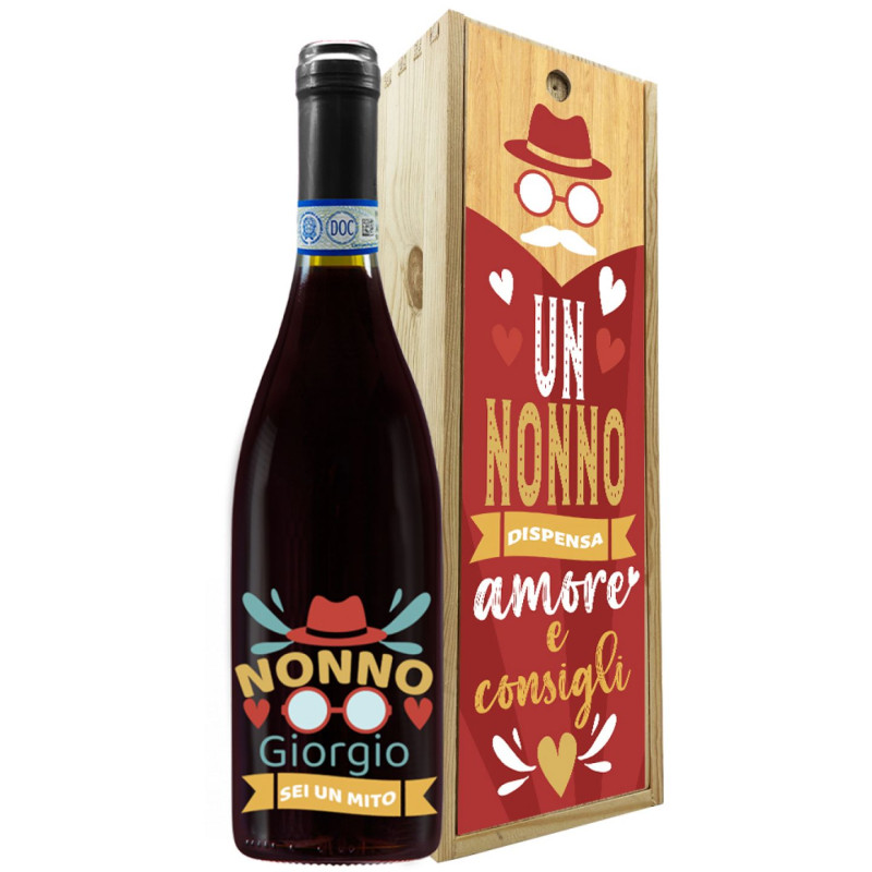 Bottiglia personalizzato con cassetta in legno - idea regalo per la festa dei nonni