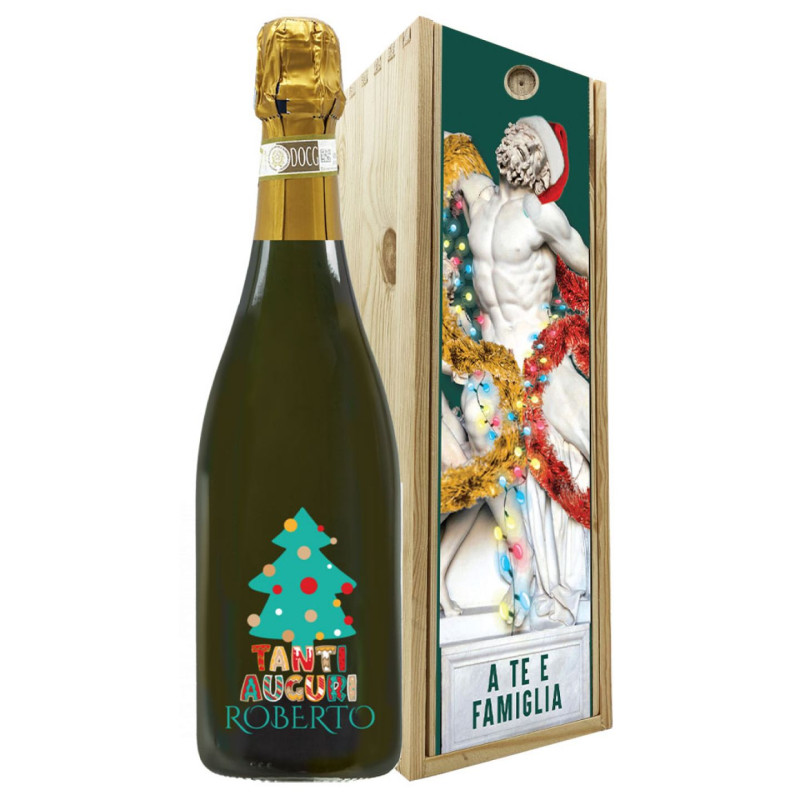 Spumante Dolce - Bottiglia per auguri di Natale con cassetta in legno