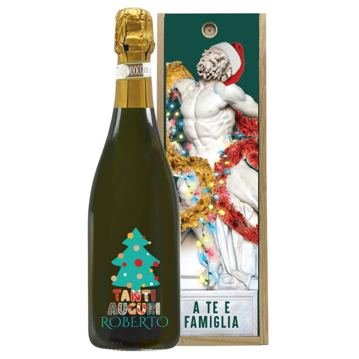 Spumante Dolce - Bottiglia per auguri di Natale con cassetta in legno - 3