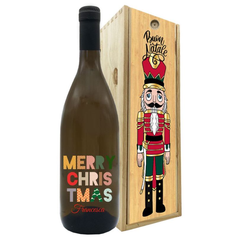 Vino bianco personalizzato - Bottiglia per auguri di Natale con cassetta in legno