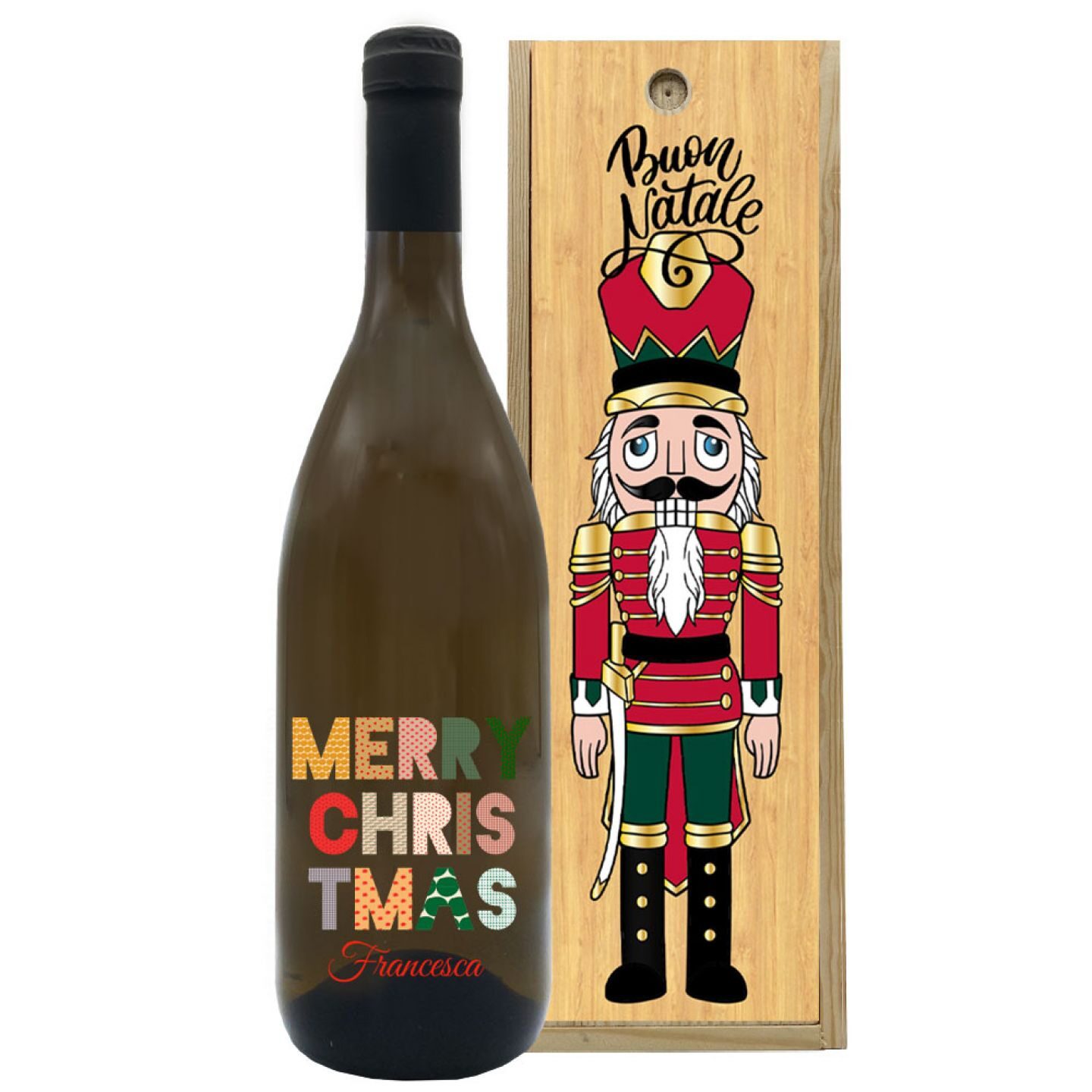 Vino bianco personalizzato - Bottiglia per auguri di Natale con cassetta in legno - 3