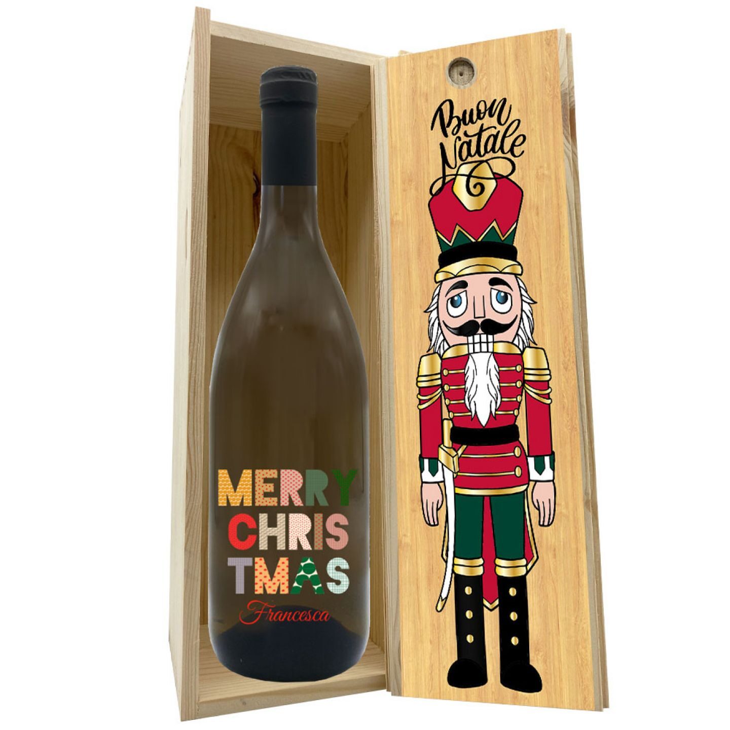 Vino bianco personalizzato - Bottiglia per auguri di Natale con cassetta in legno - 4