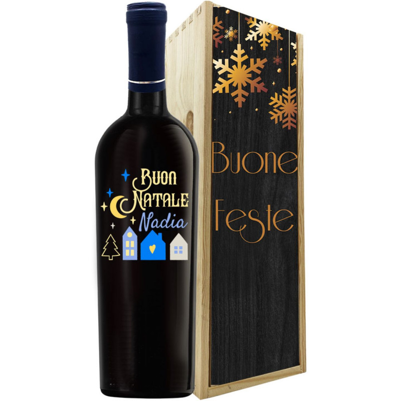 Primitivo di Puglia - Bottiglia personalizzata per Natale con cassa legno personalizzata