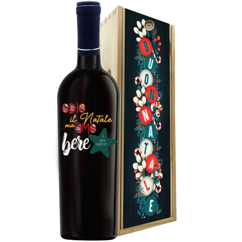 Primitivo di Puglia - Bottiglia personalizzata per Natale con cassa legno personalizzata