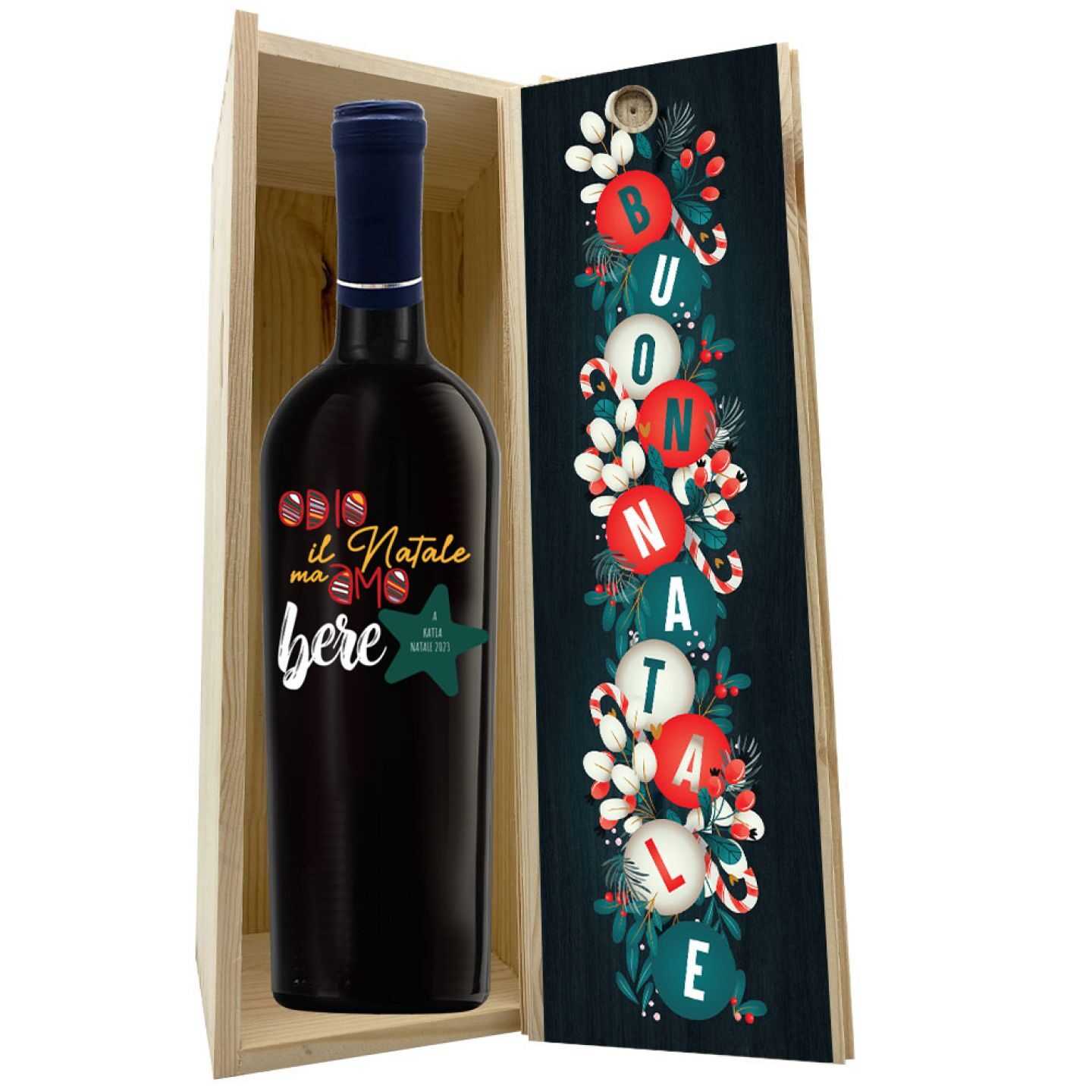 Primitivo di Puglia - Bottiglia personalizzata per Natale con cassa legno personalizzata - 1
