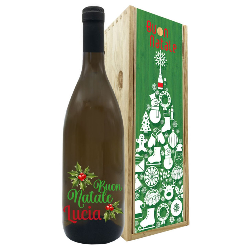 Vino bianco personalizzato - Bottiglia per auguri di Natale con cassetta in legno