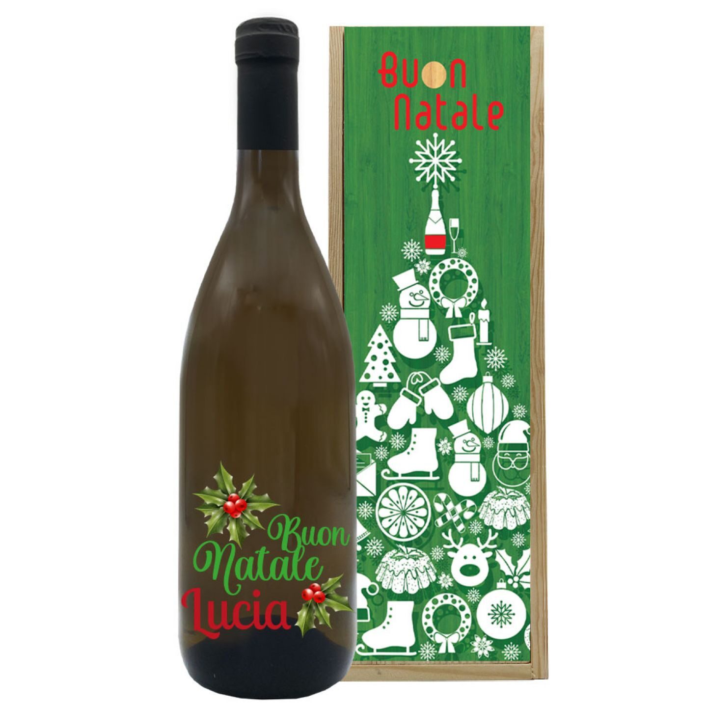 Vino bianco personalizzato - Bottiglia per auguri di Natale con cassetta in legno - 1