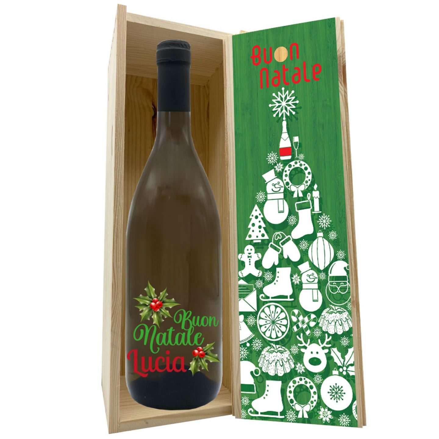 Vino bianco personalizzato - Bottiglia per auguri di Natale con cassetta in legno - 4