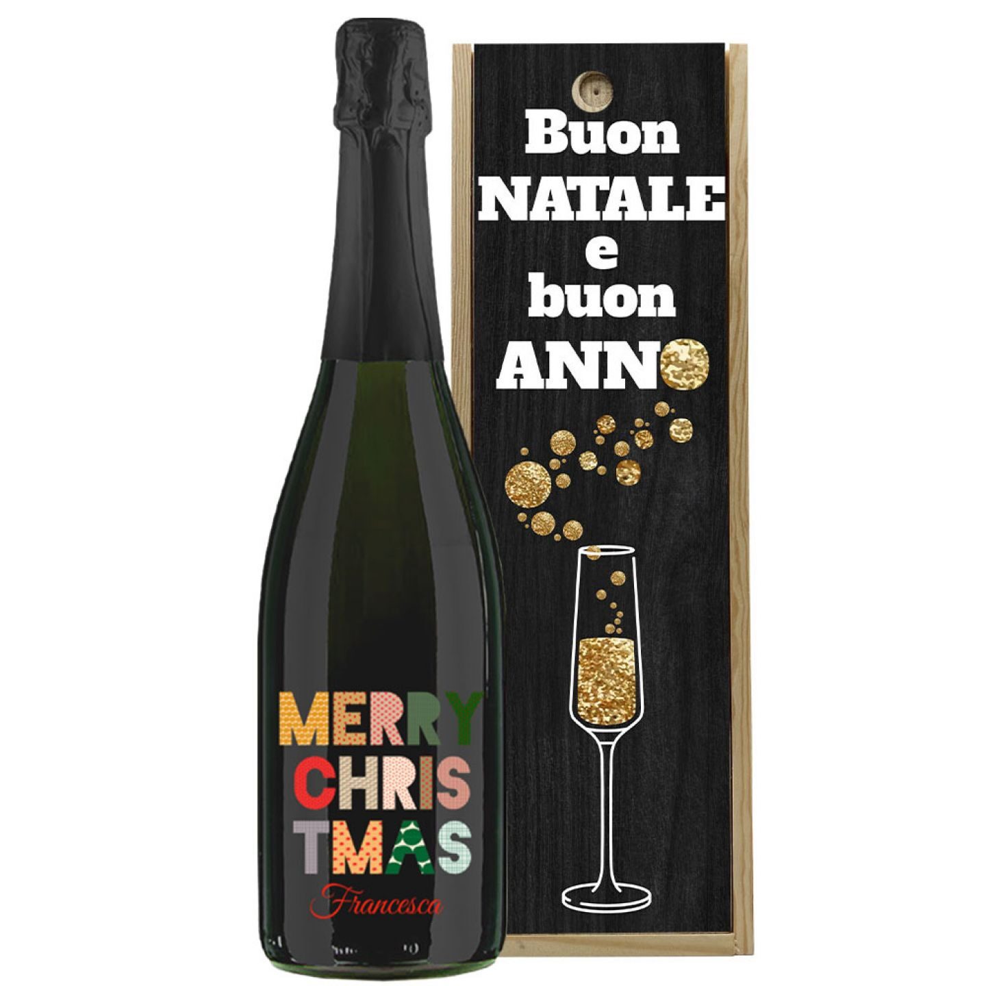 Prosecco Extra Dry MAGNUM - Bottiglia personalizzata con cassa legno per auguri di Natale - 1