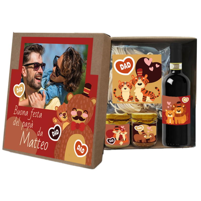 Dad Dinner Box - Chianti DOCG, Pasta, Cacio e Pepe e Crostino Toscano con scatola personalizzata per FESTA DEL PAPA' - ANIMALS