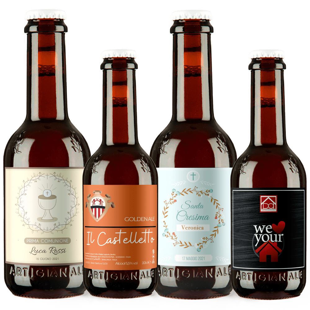 Quattro bottiglie di birra con etichette personalizzate