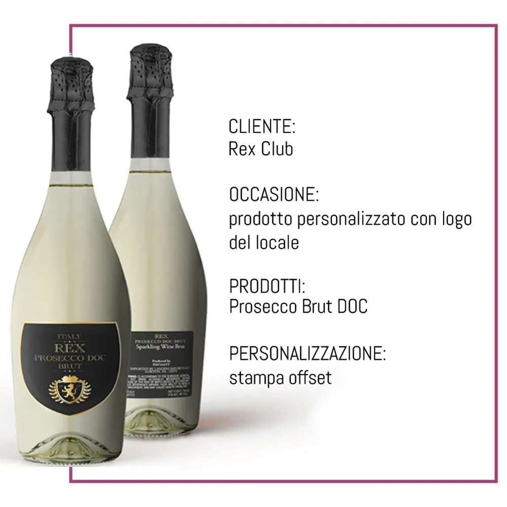 Bottiglia di prosecco Rex Club con etichetta personalizzata