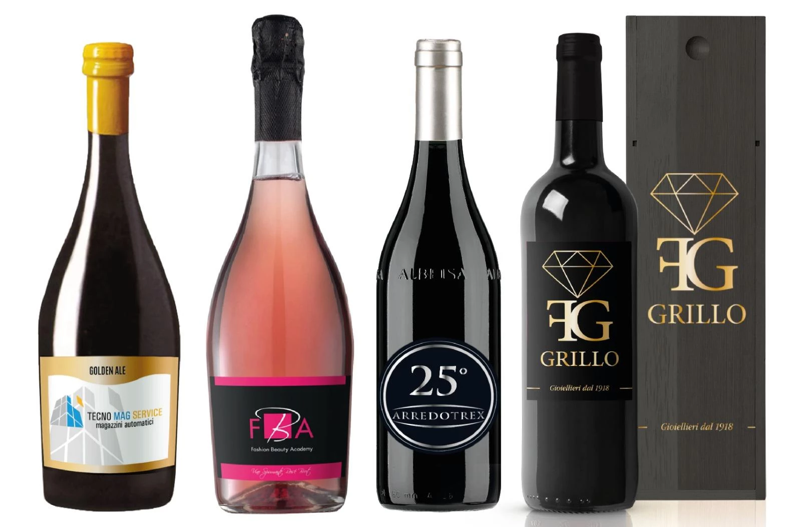 Mix di bottiglie di vino e prosecco con etichette personalizzate